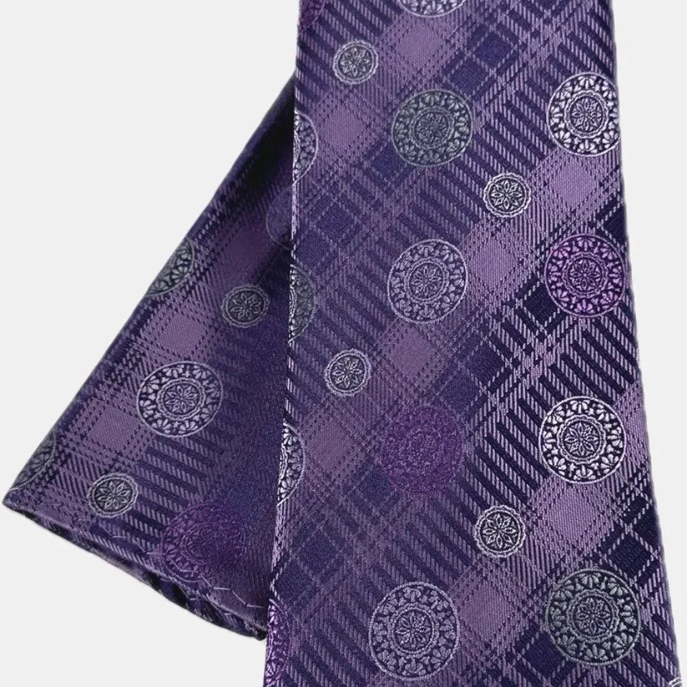 Stacy Adams Men Tie Hanky Purple Lilac Charcoal Gray Plaids & Checks 3.25